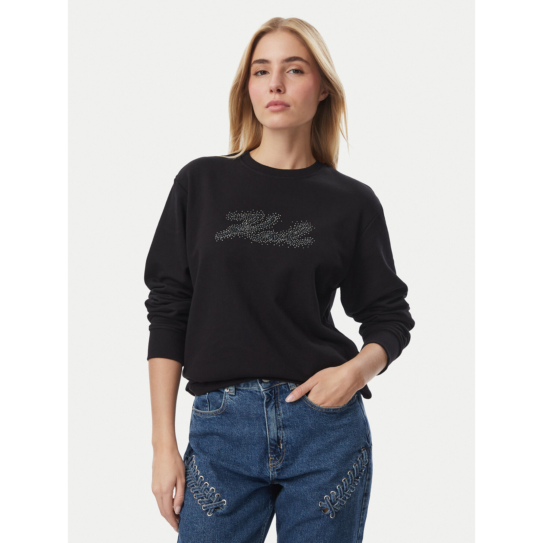 KARL LAGERFELD Sweatshirt Rhinestone B4W20007 Schwarz Relaxed Fit