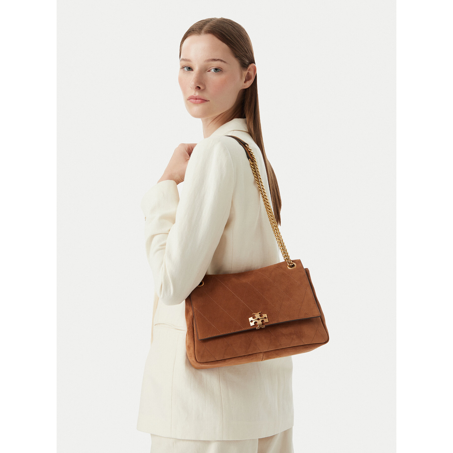 Geantă Tory Burch Charlie Quilted Suede Shoulder Bag 183357 Maro