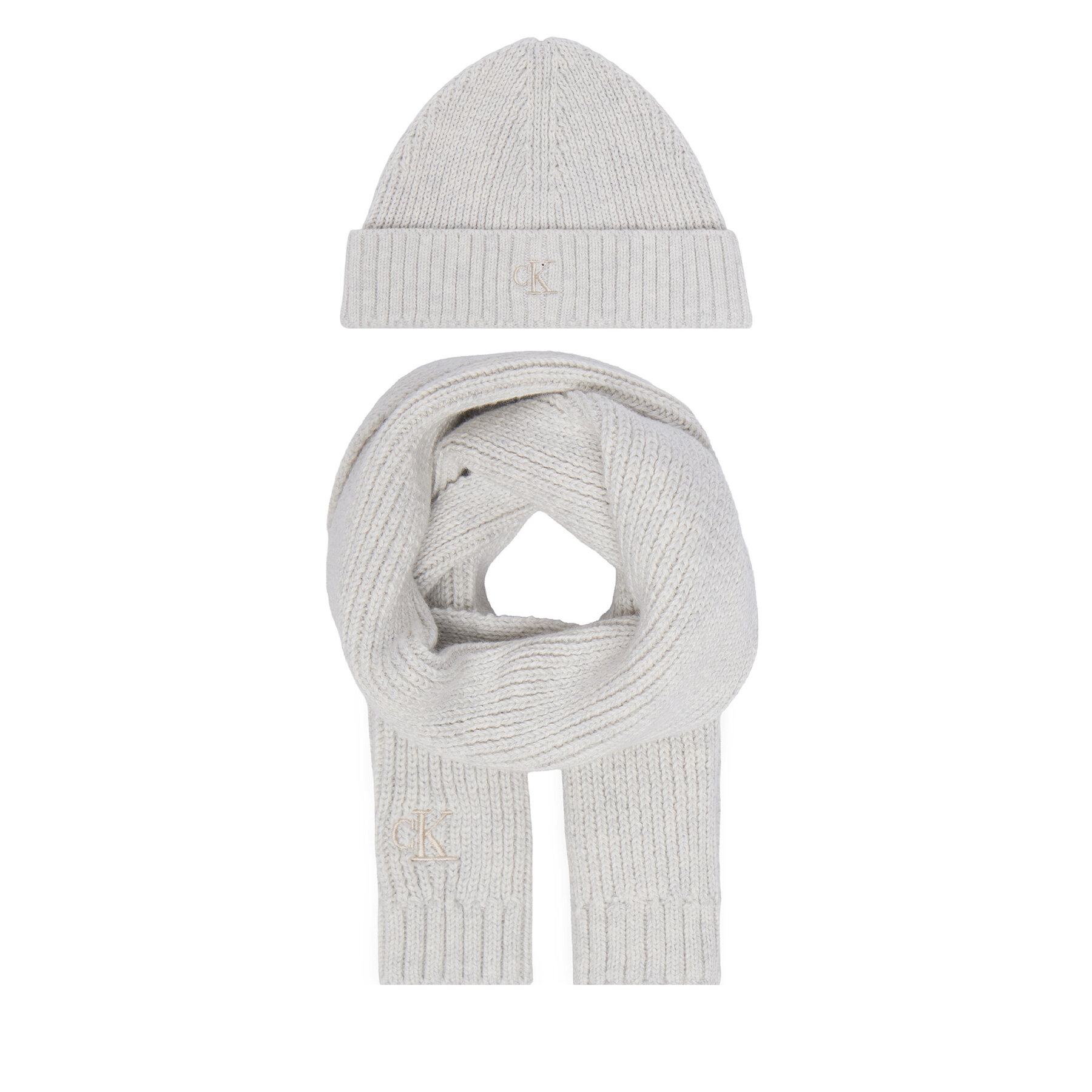 Set Fular și Căciulă Calvin Klein Jeans Knitted Scarf Beanie Giftbox LVCKFJP00N Gri deschis