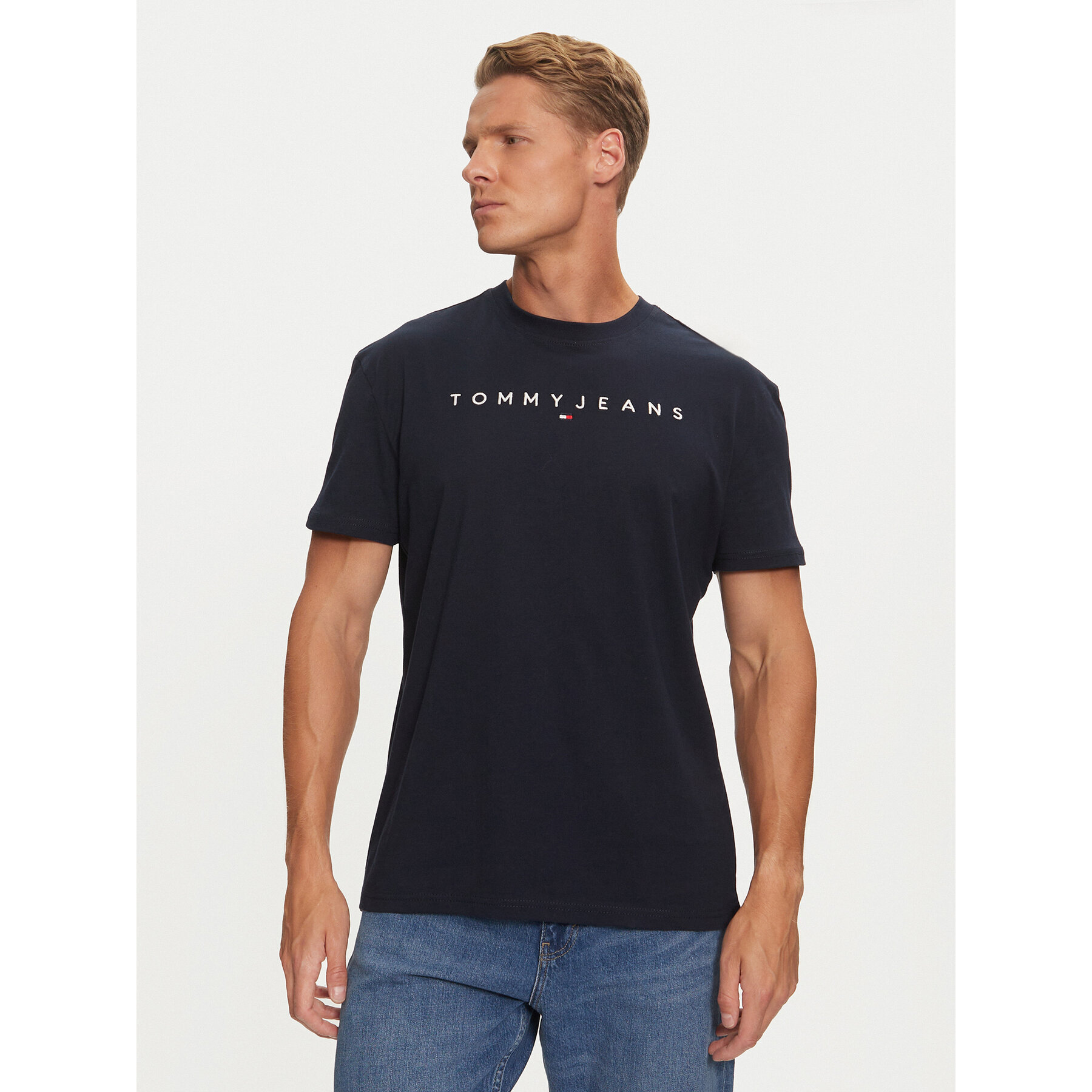 Tommy Jeans Majica Linear Logo DM0DM20744 Mornarsko modra Regular Fit