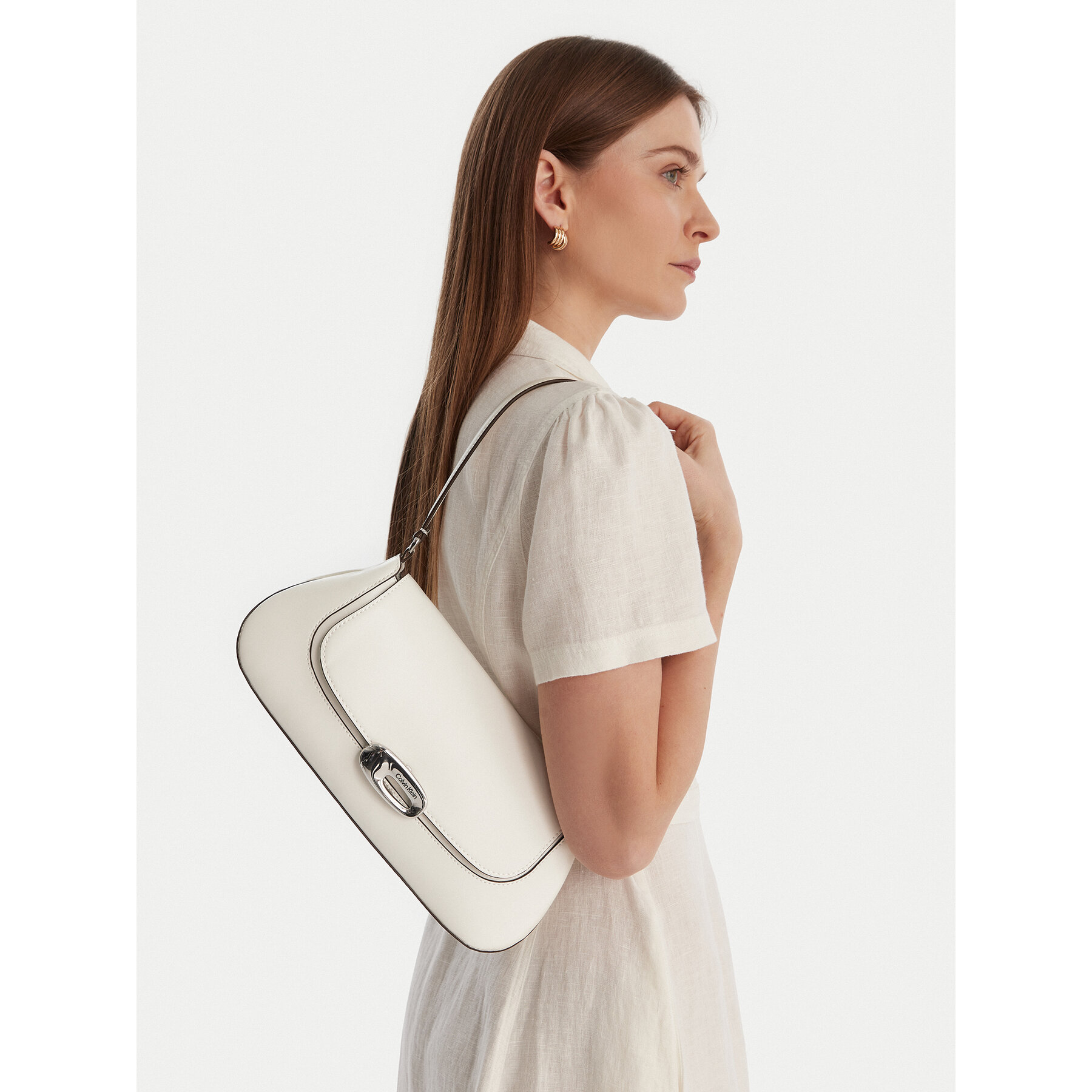 Geantă Calvin Klein Hardware Flap Shoulder Bag LV04F3146G Alb