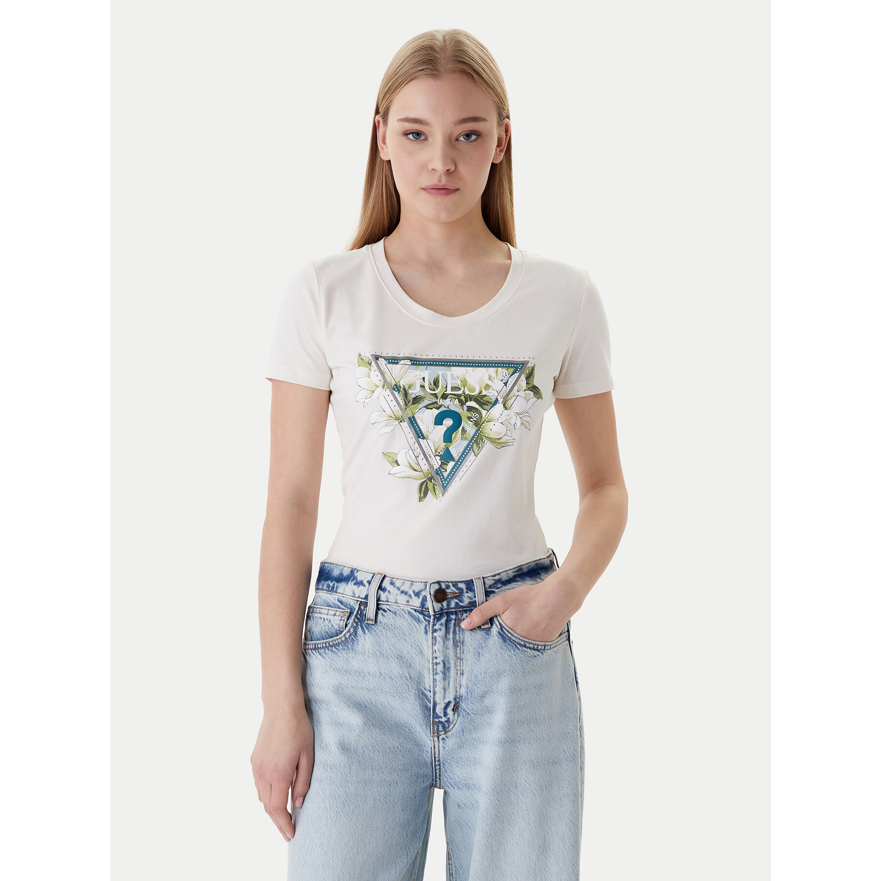 Guess T-Shirt W6RI35 J1314 Écru Slim Fit