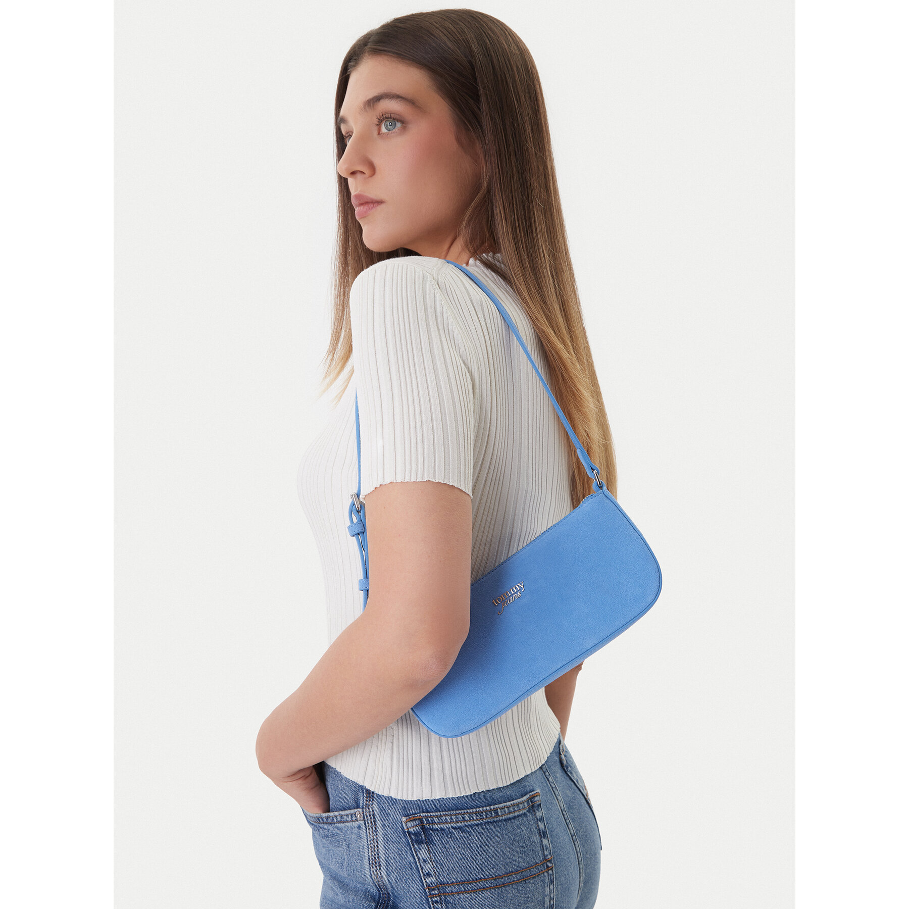 Geantă Tommy Jeans Tjw Must Suede Shoulder Bag AW0AW18454 Albastru