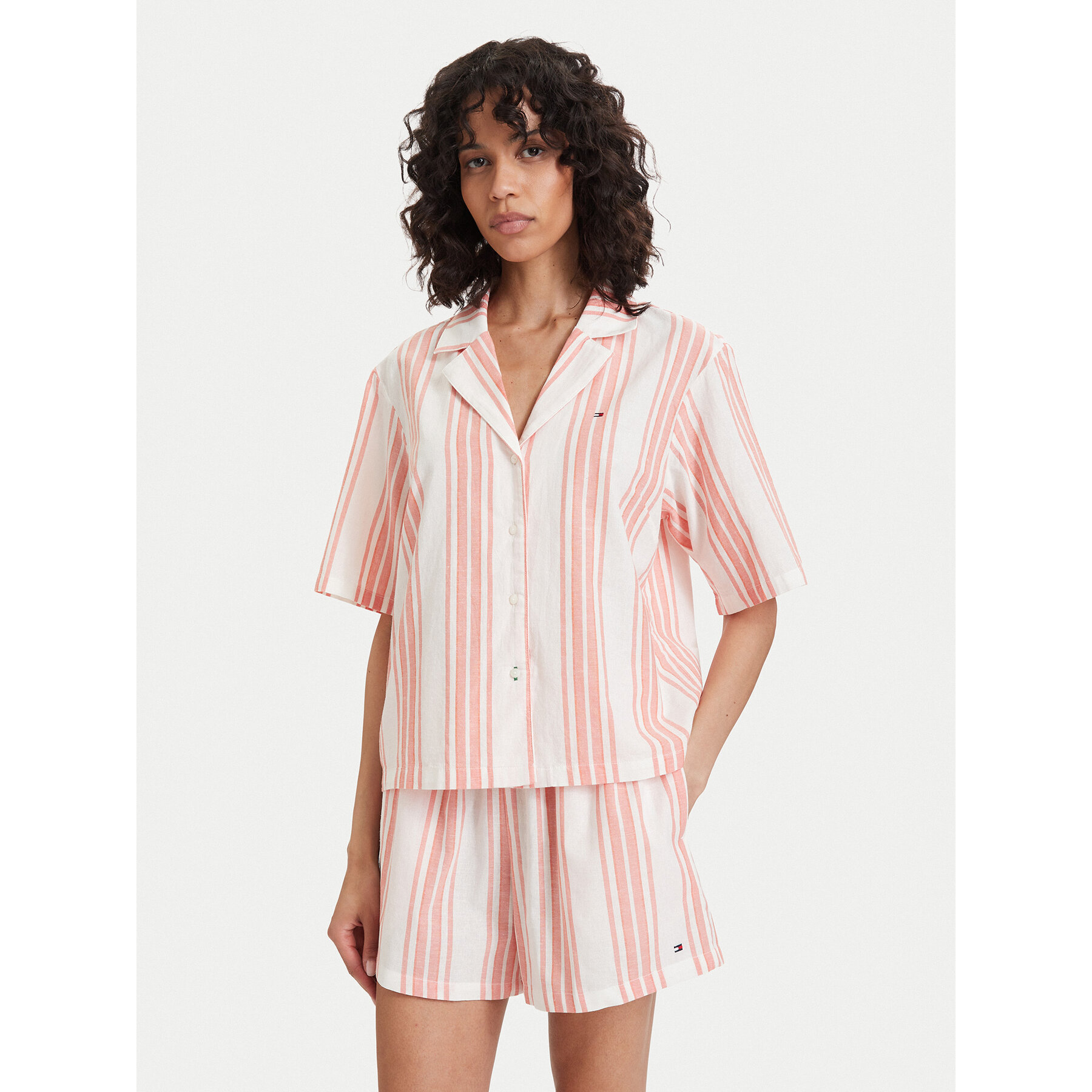 Tommy Hilfiger Women's Ss Shirt Linen Pj Shorts Set Tennis Court Stripe Peach | Size: Large