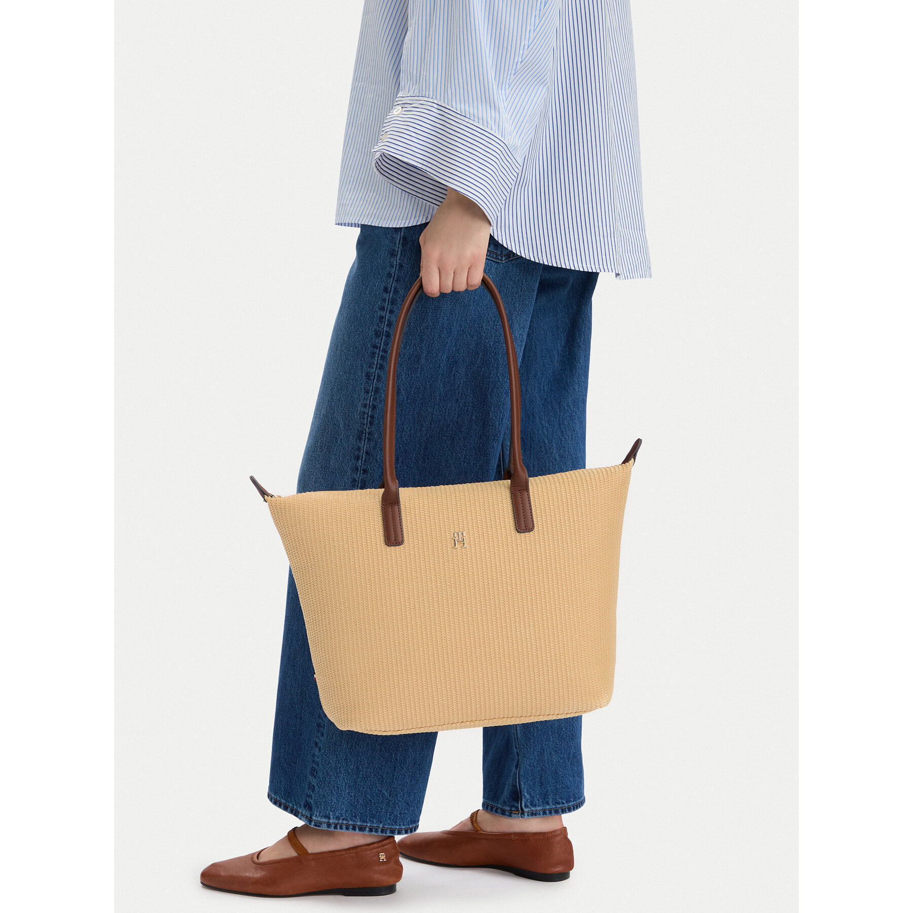 Geantă Tommy Hilfiger Popette Tote Raffia AW0AW18528 Bej