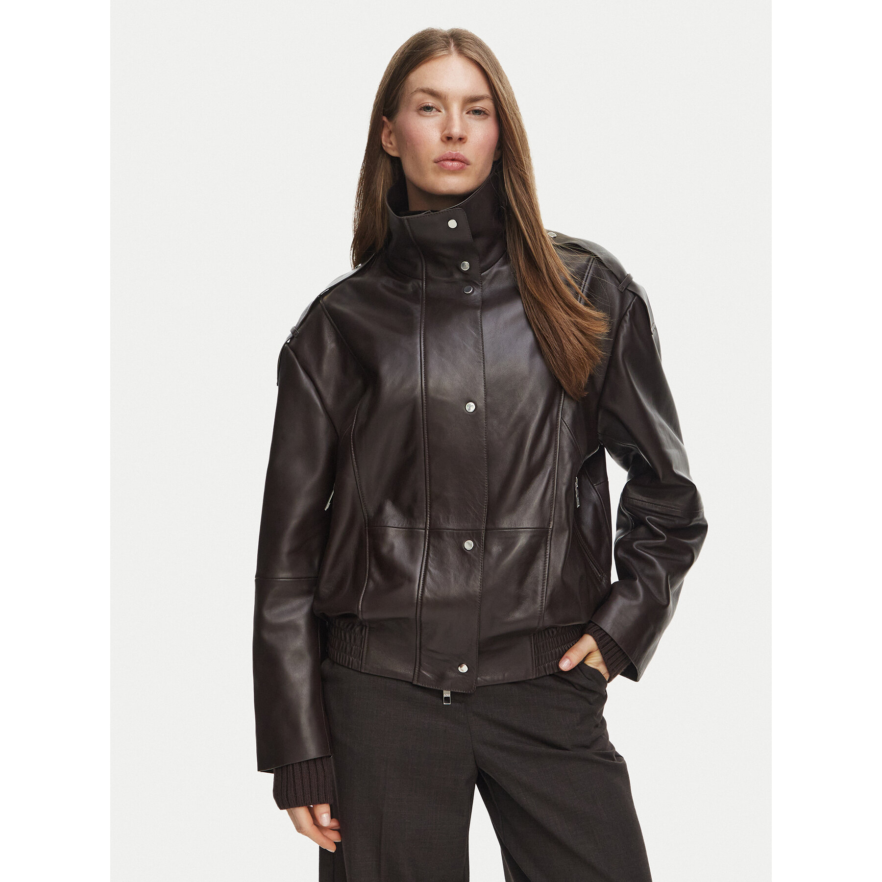 BOSS Lederjacke Savani 50567628 Dunkelbraun Regular Fit