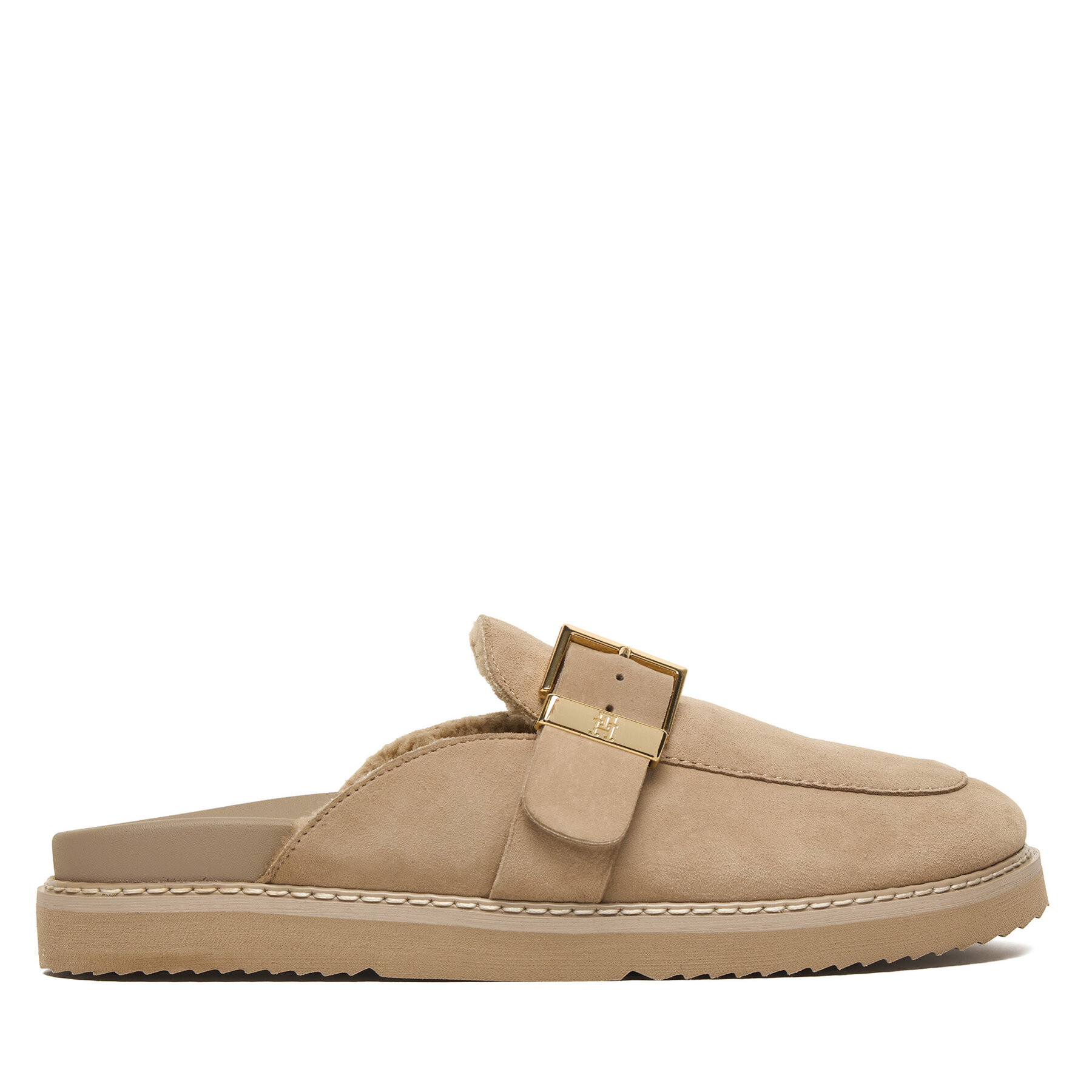 Šľapky Tommy Hilfiger Th Buckle Fur Suede Mule FW0FW09083 Béžová