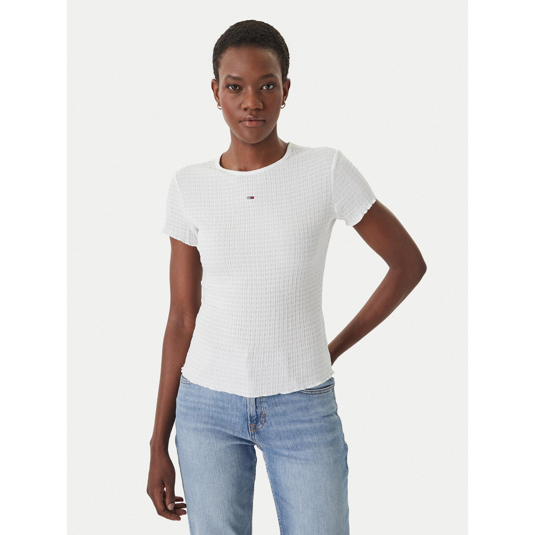 Tommy Jeans T-Shirt Smock Seersucker DW0DW22219 Weiß Slim Fit