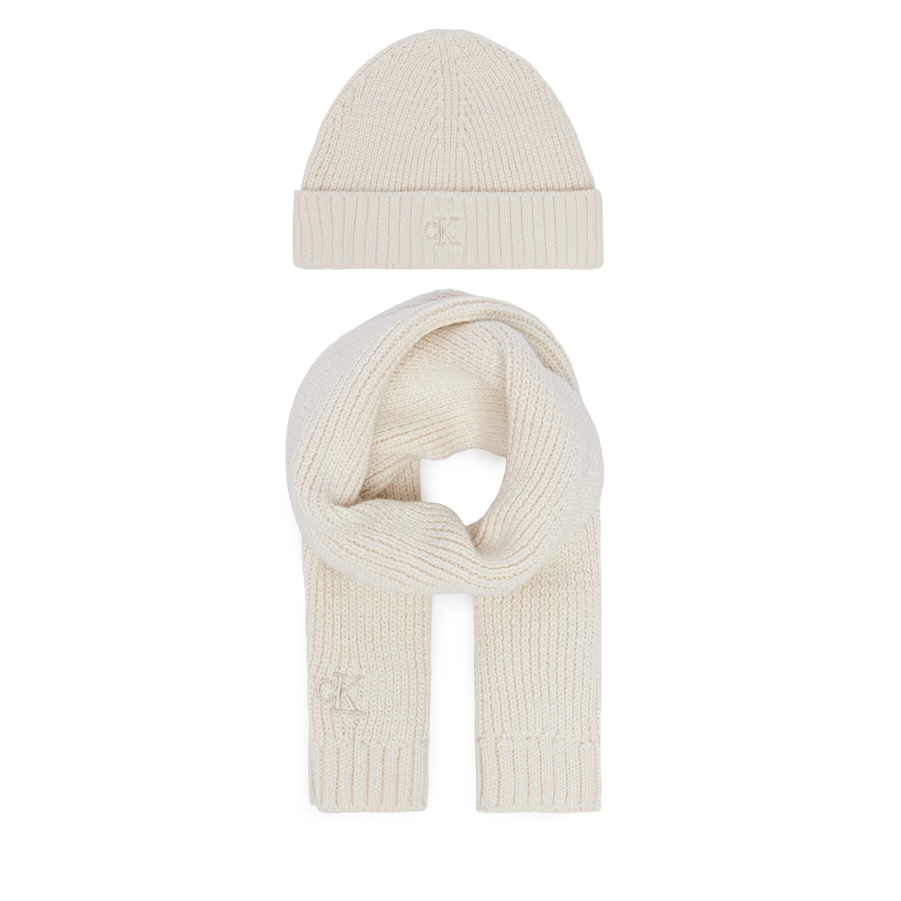 Set Fular și Căciulă Calvin Klein Jeans Knitted Scarf Beanie Giftbox LVCKFJP00N Crem