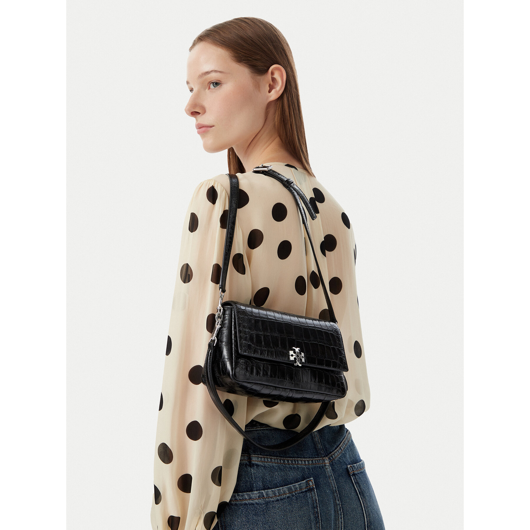 Tory Burch Τσάντα Tory Burch Charlie Embossed Croc Small Shoulder Bag 183522 Μαύρο