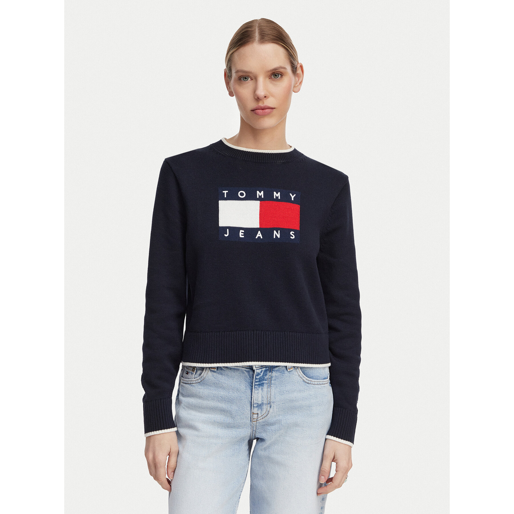Tommy Jeans Pullover Intarsia Flag Badge DW0DW22316 Dunkelblau Relaxed Fit