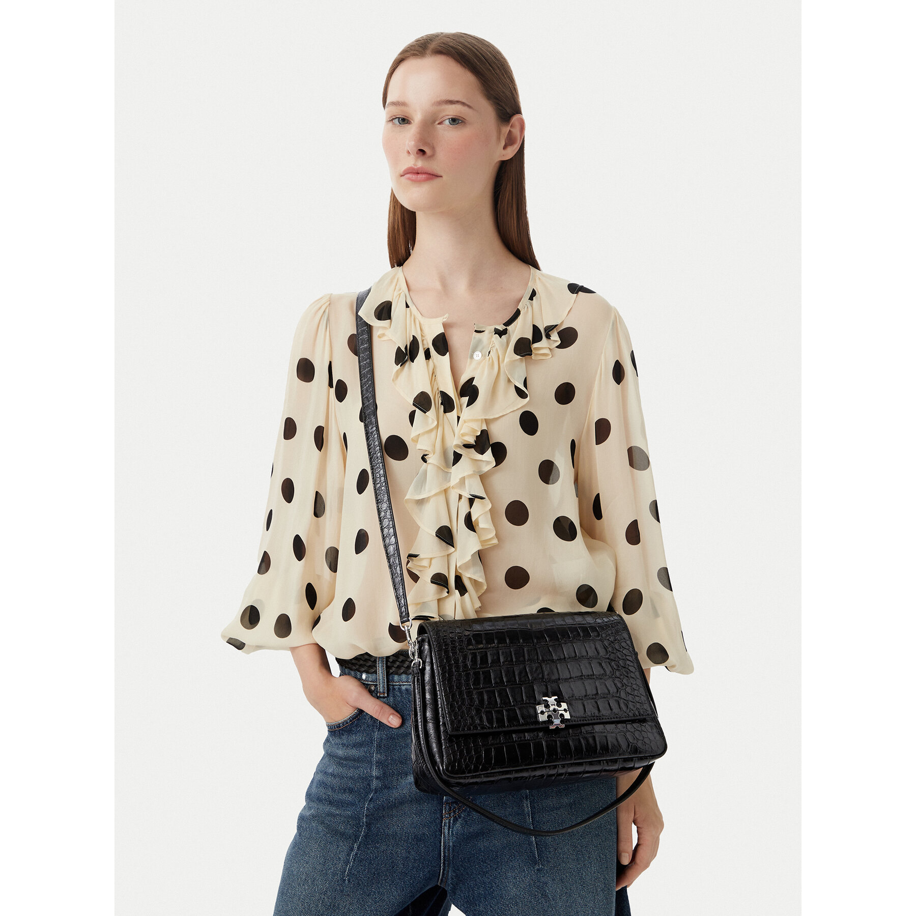 Geantă Tory Burch Charlie Embossed Croc Shoulder Bag 183354 Negru