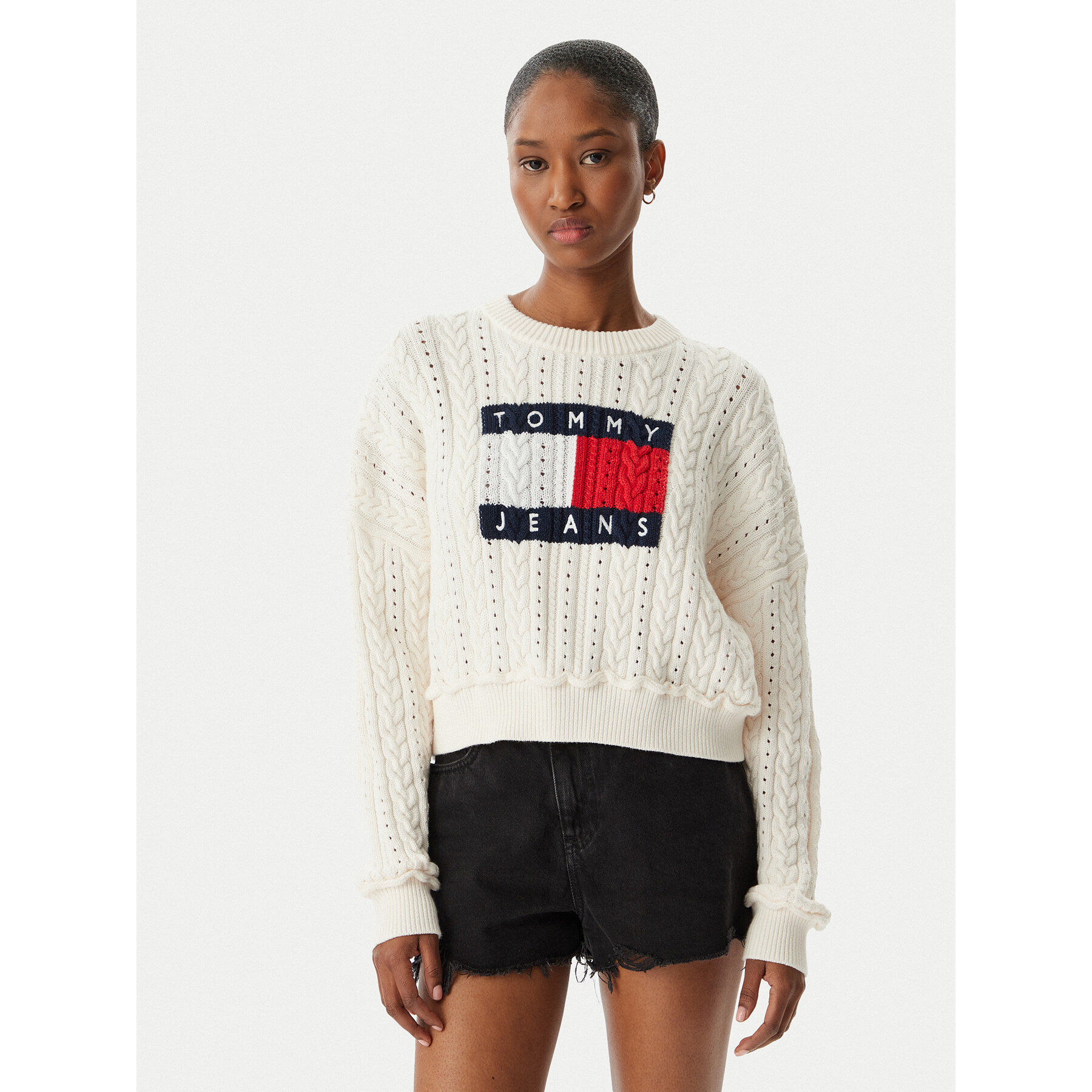 Tommy Jeans Pullover Intarsia Flag Badge DW0DW22317 Creme Regular Fit