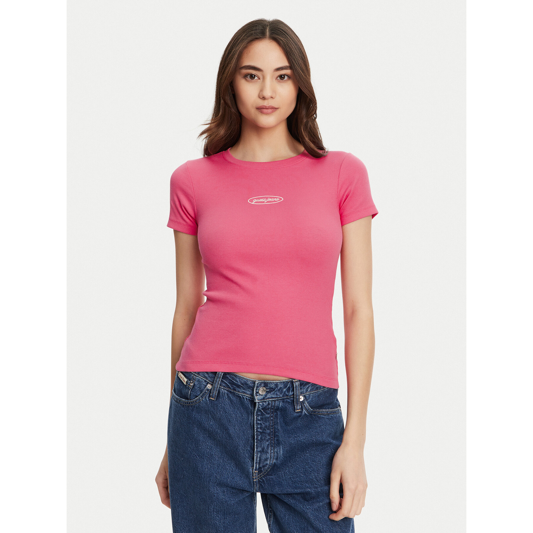 Guess Jeans Póló W5YP37 KA0H1 Rózsaszín Slim Fit