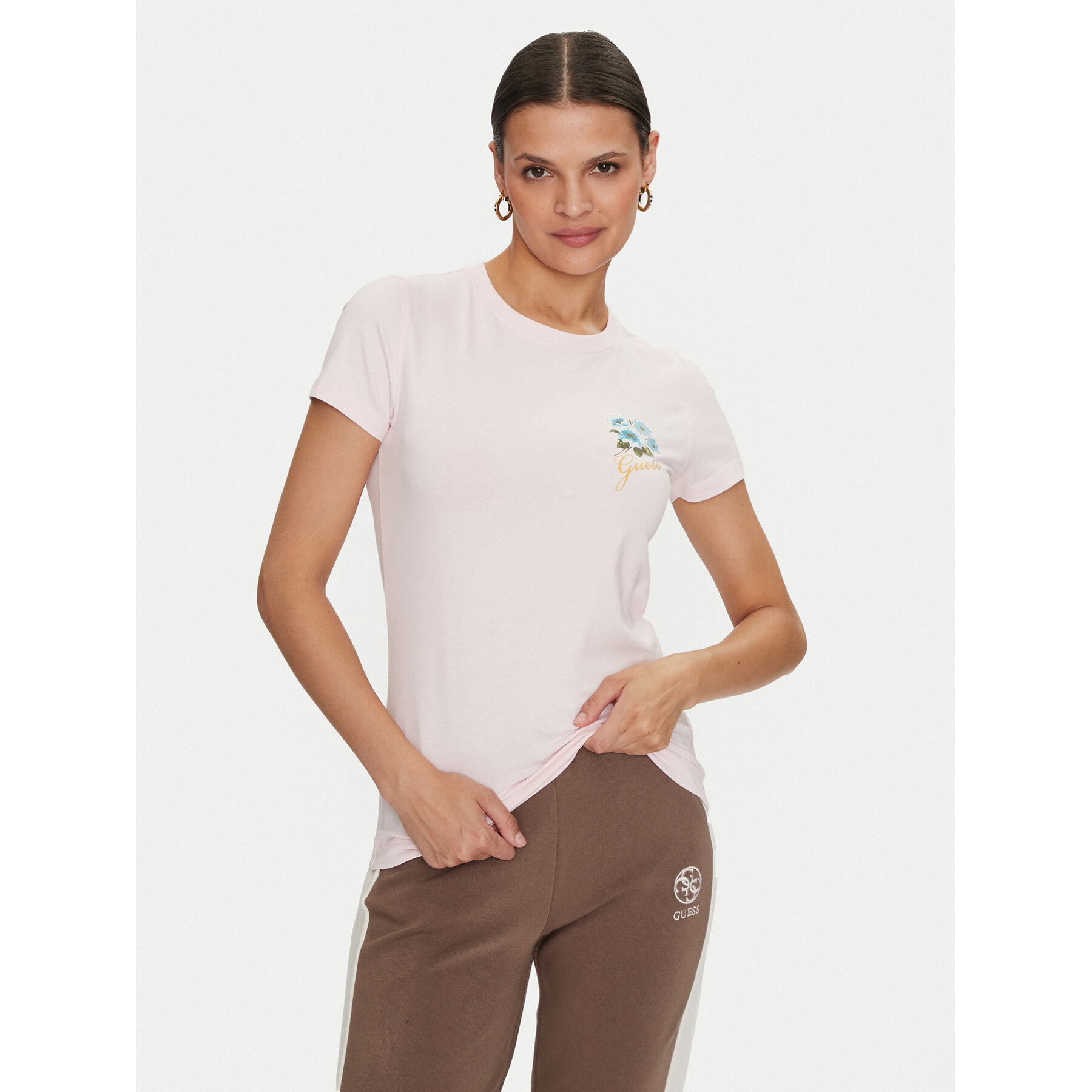 Guess T-Shirt Flowers W4YI30 J1314 Ροζ Slim Fit