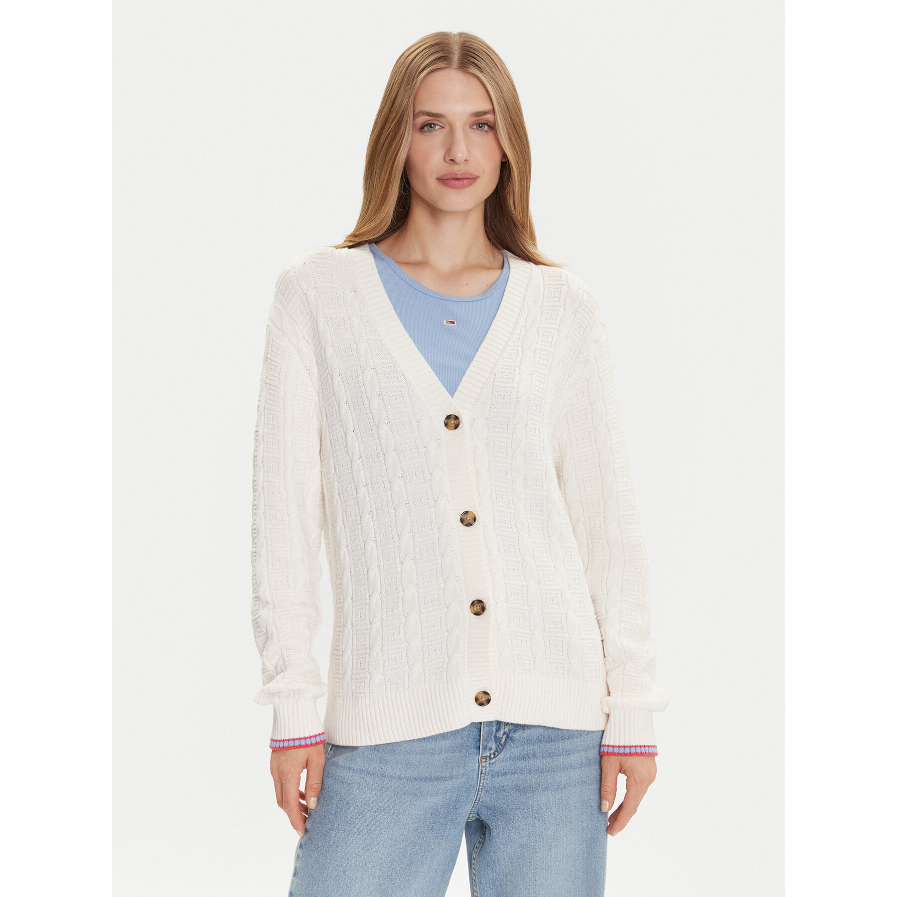 Tommy Jeans Strickjacke Cable DW0DW21681 Écru Relaxed Fit