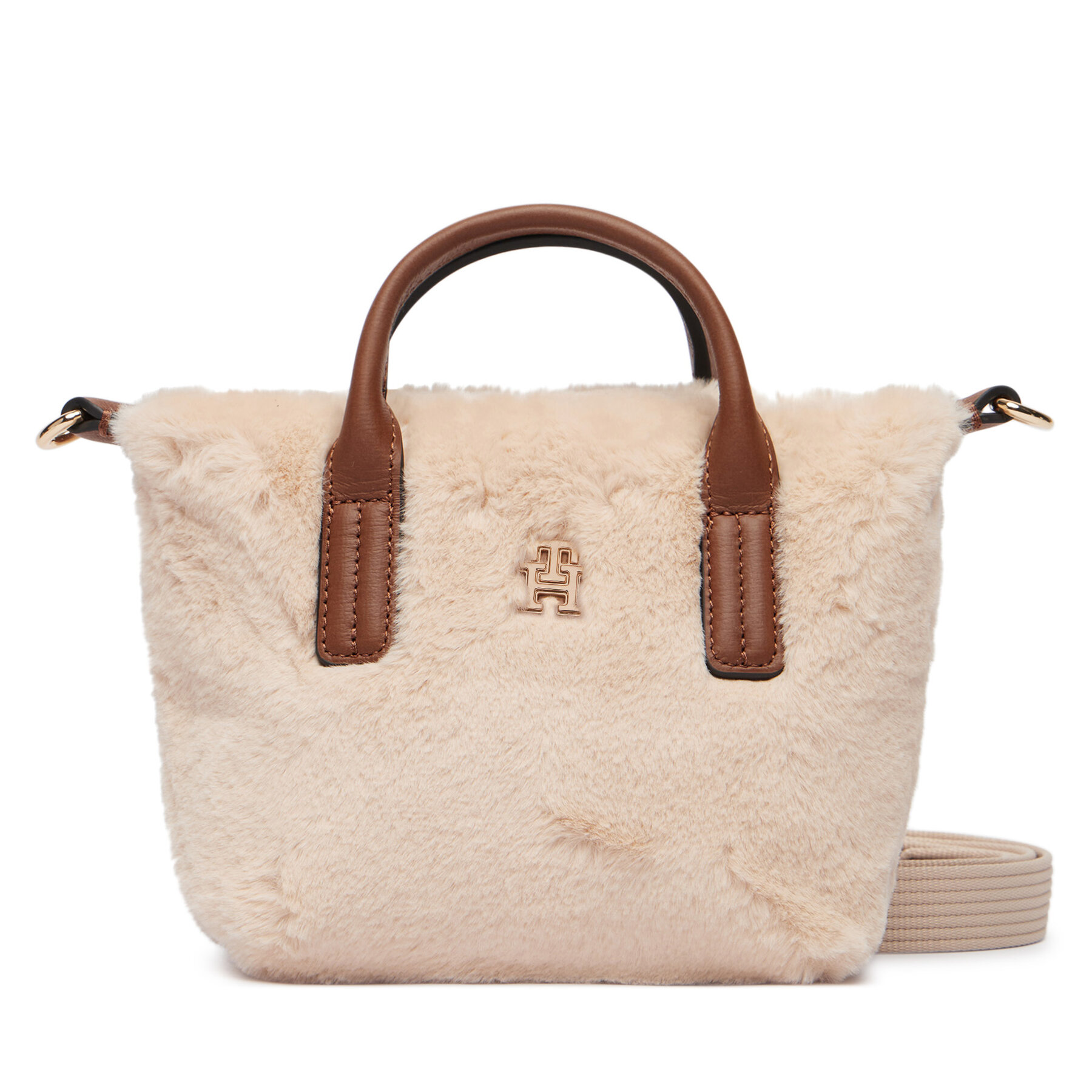 Torbica Tommy Hilfiger Popette Micro Tote Faux Fur AW0AW19311 Svijetlo bež