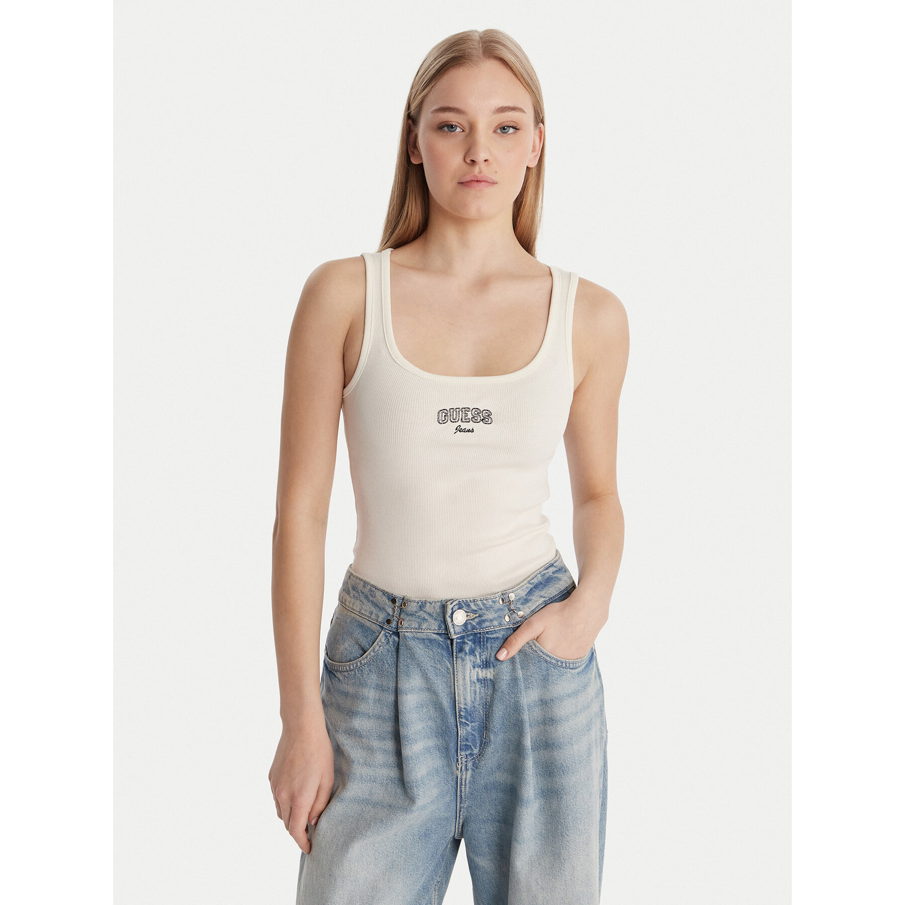 Guess Jeans Top W6RP20 KA0H1 Écru Slim Fit