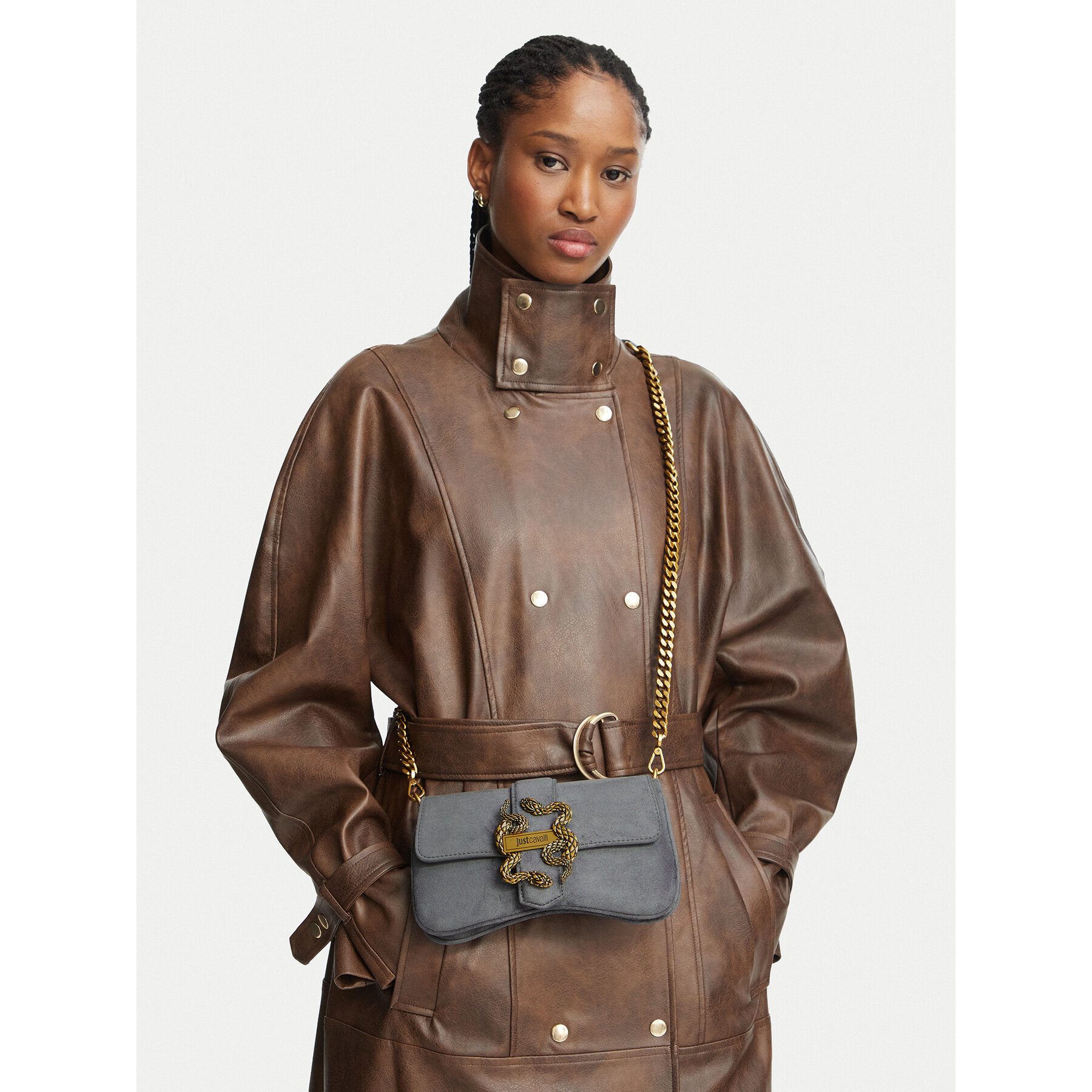 Дамска чанта Just Cavalli Iconic Snakes 81RA4BA7 ZSE74 Сив