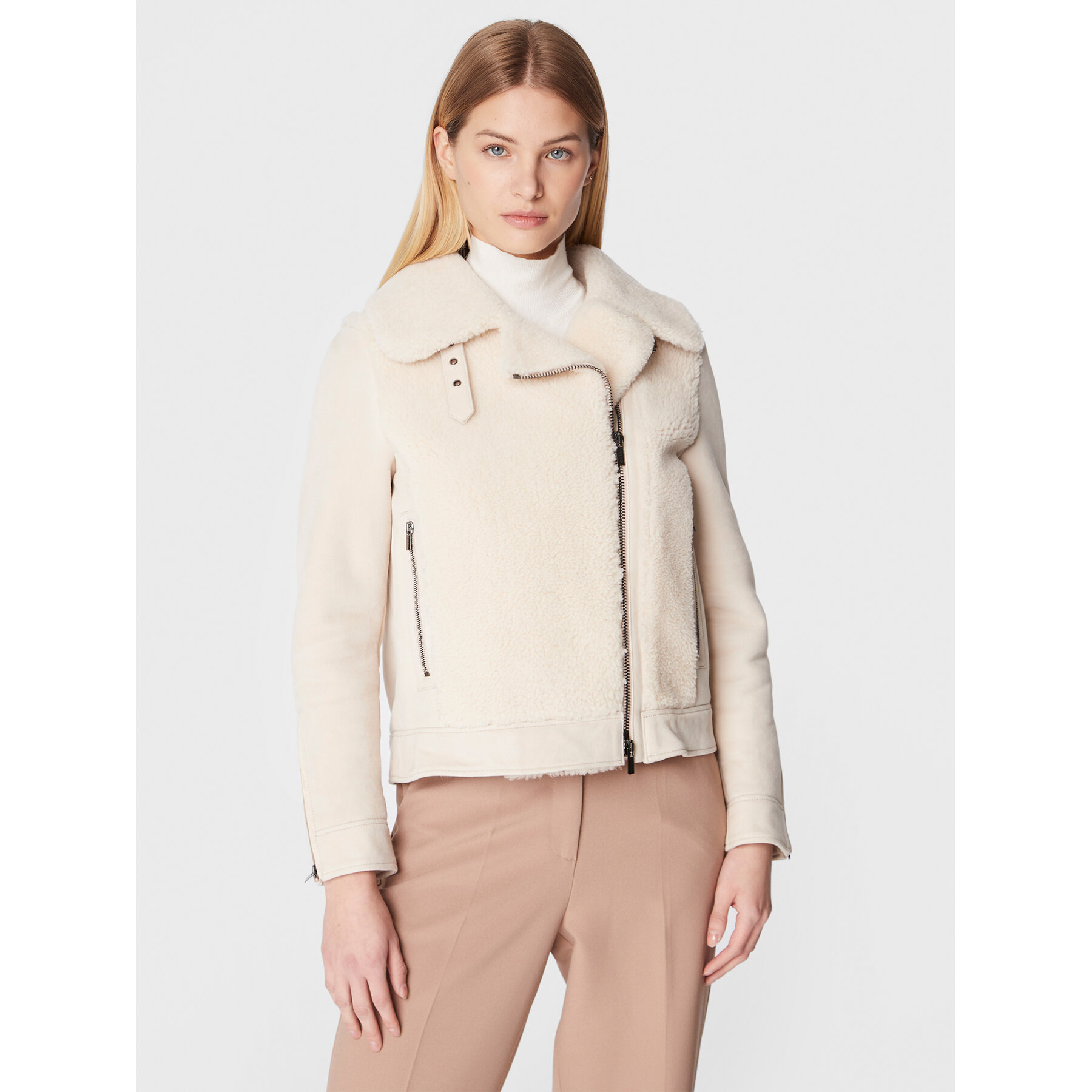 Peserico Natürlicher Fellmantel S21334C03 Écru Regular Fit