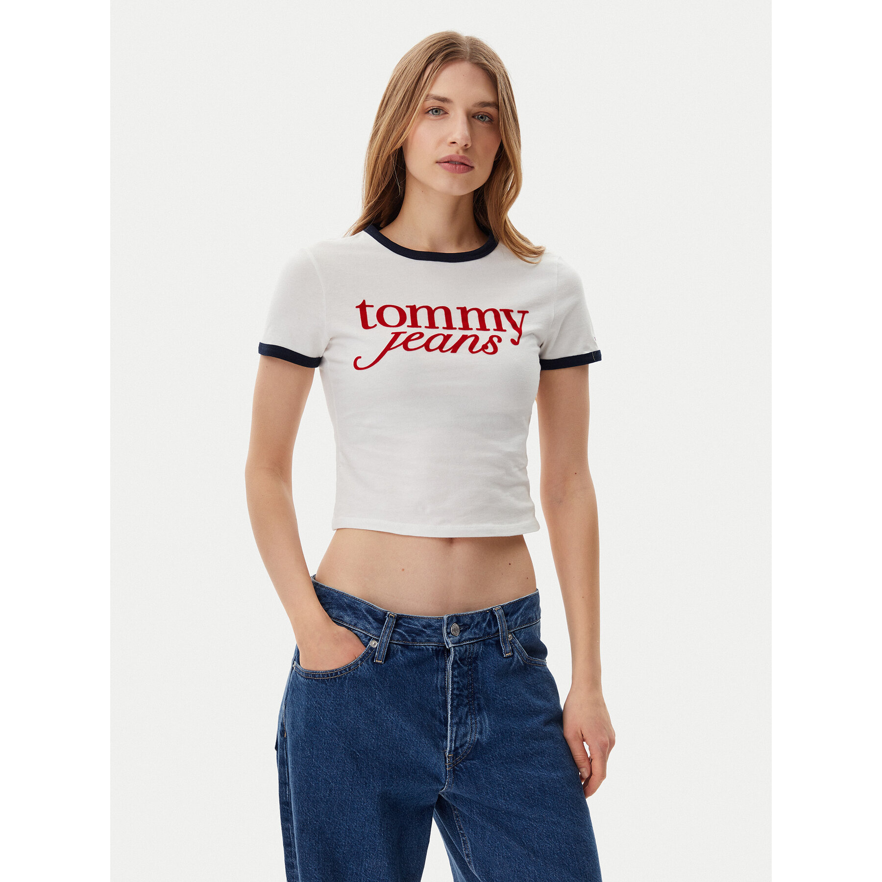 Tommy Jeans Póló Script Ringer DW0DW20631 Ekru Slim Fit