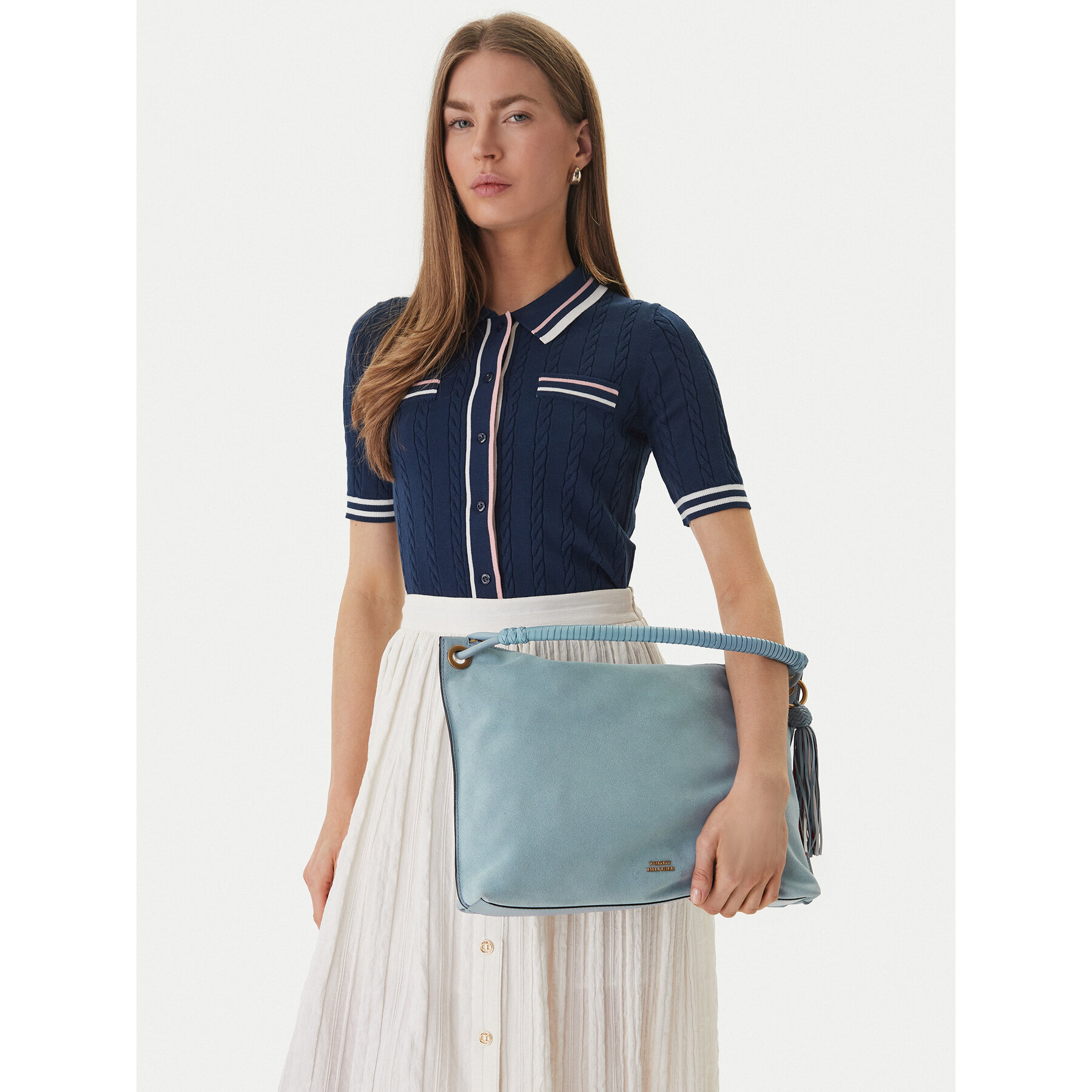 Ročna torba Tommy Hilfiger Th Statement Leather Bag Suede AW0AW18402 Svetlo modra