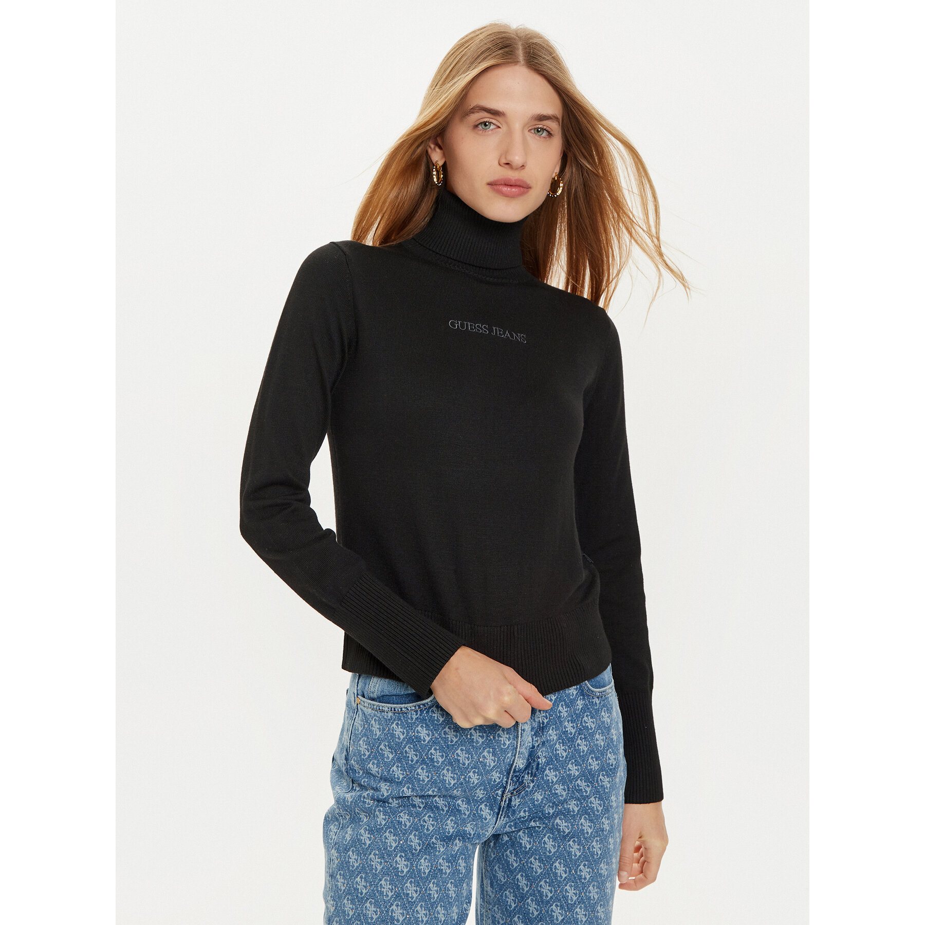 Guess Jeans Rollkragenpullover W4BR15 Z3HO2 Schwarz Regular Fit