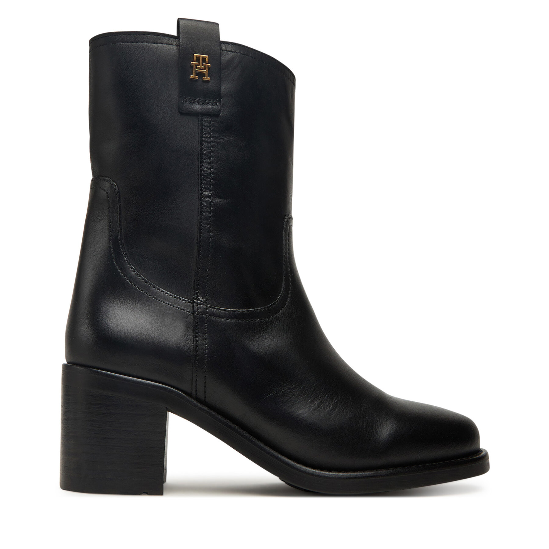 Botine Tommy Hilfiger Riding Lthr Mid Boot Block Heel FW0FW08776 Negru