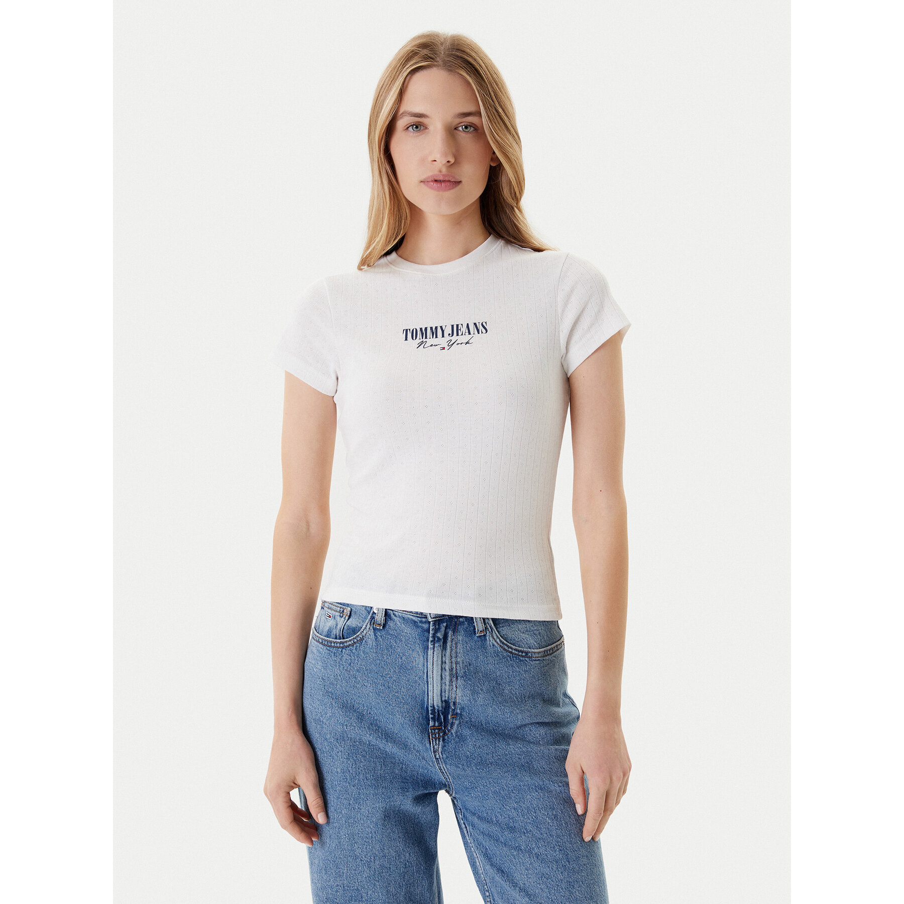 Tommy Jeans Póló Logo Pointelle DW0DW20899 Ekru Slim Fit