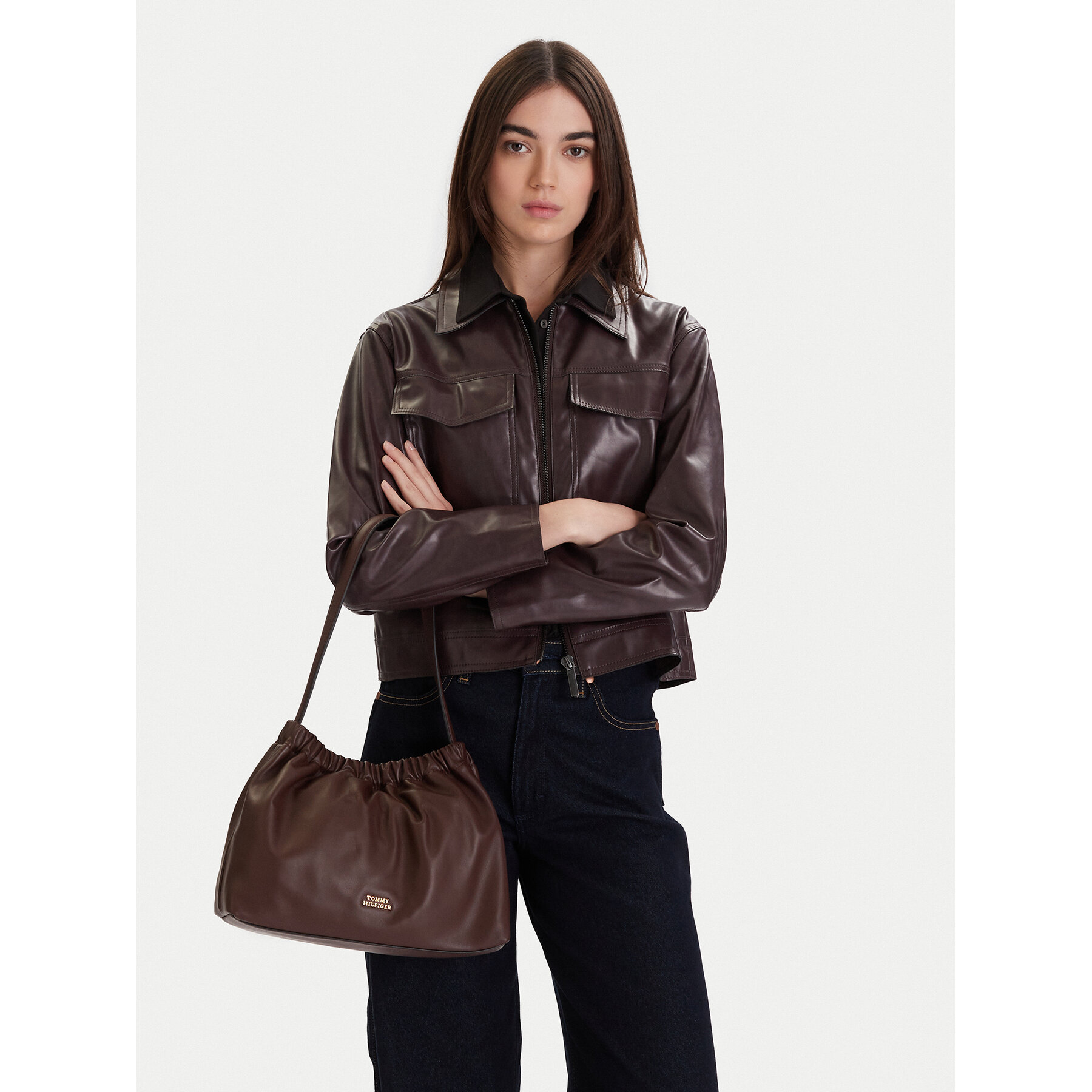 Geantă Tommy Hilfiger Soft Leather Shoulder Bag AW0AW18307 Vișiniu