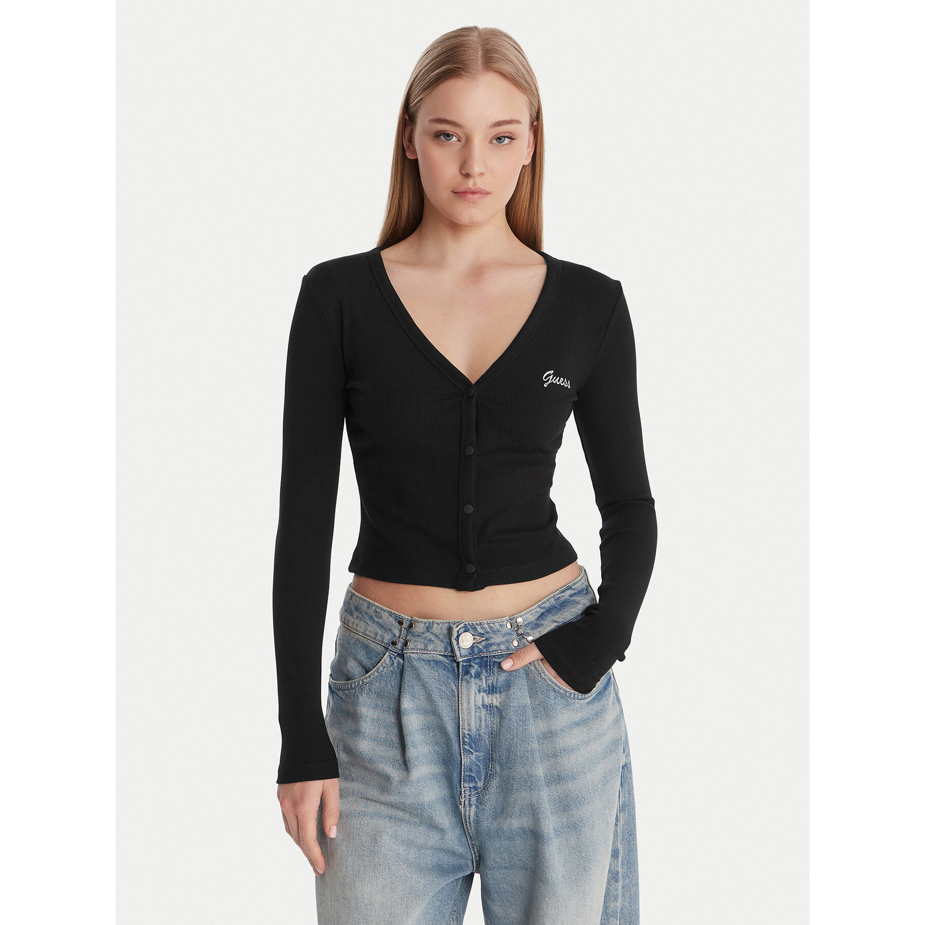 Guess Strickjacke V6RP06 K8RT2 Schwarz Regular Fit