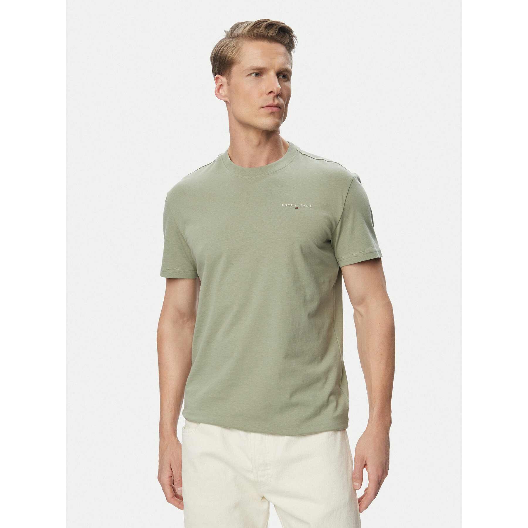Tommy Jeans T-Shirt Linear Chest DM0DM21780 Hellgrün Slim Fit