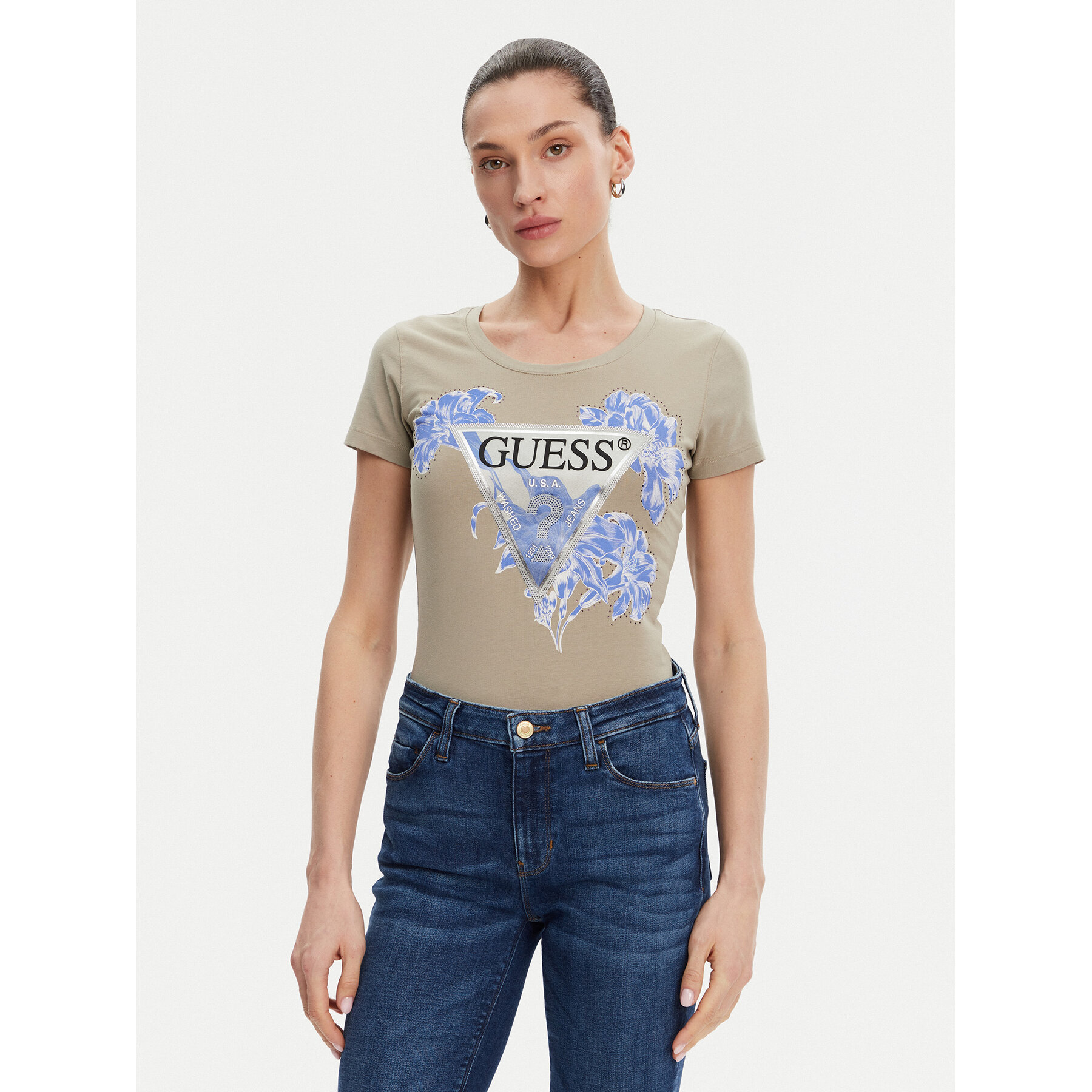Guess T-Shirt W5GI08 J1314 Χακί Slim Fit