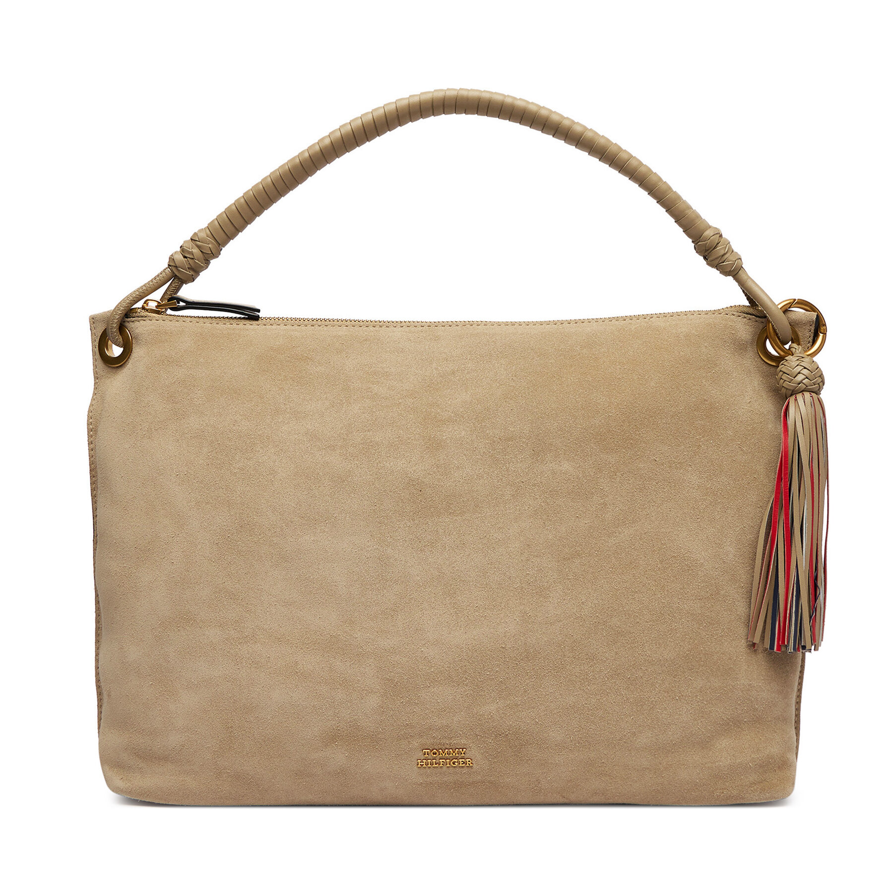 Geantă Tommy Hilfiger Th Statement Leather Bag Suede AW0AW18402 Bej