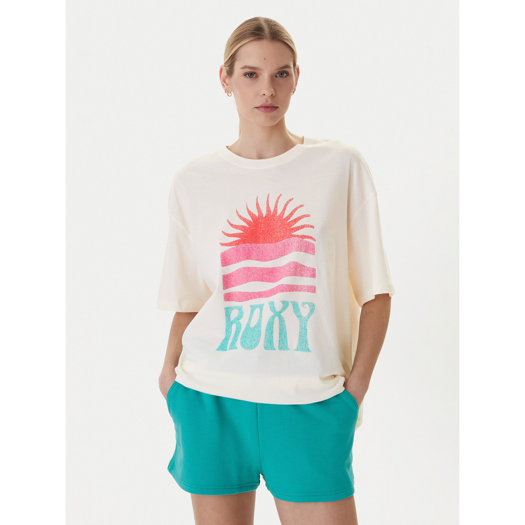 Roxy Majica Hangloose Poster ERJZT06090 Svetlo bež Loose Fit
