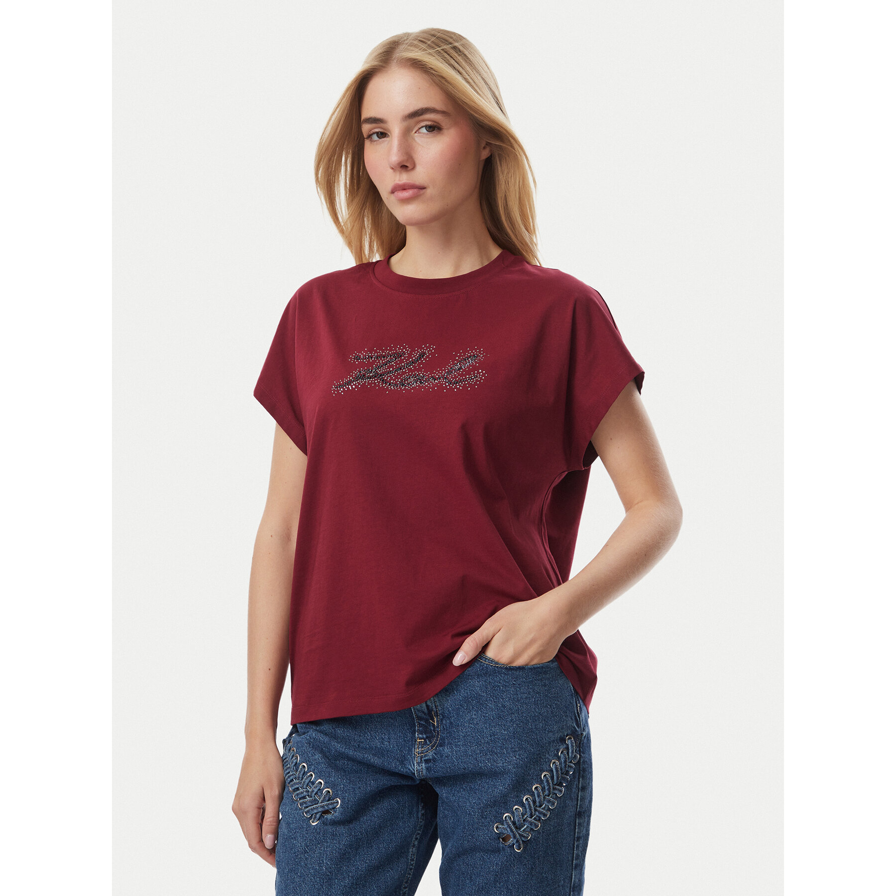 KARL LAGERFELD T-Shirt Rhinestone B4W17048 Dunkelrot Relaxed Fit