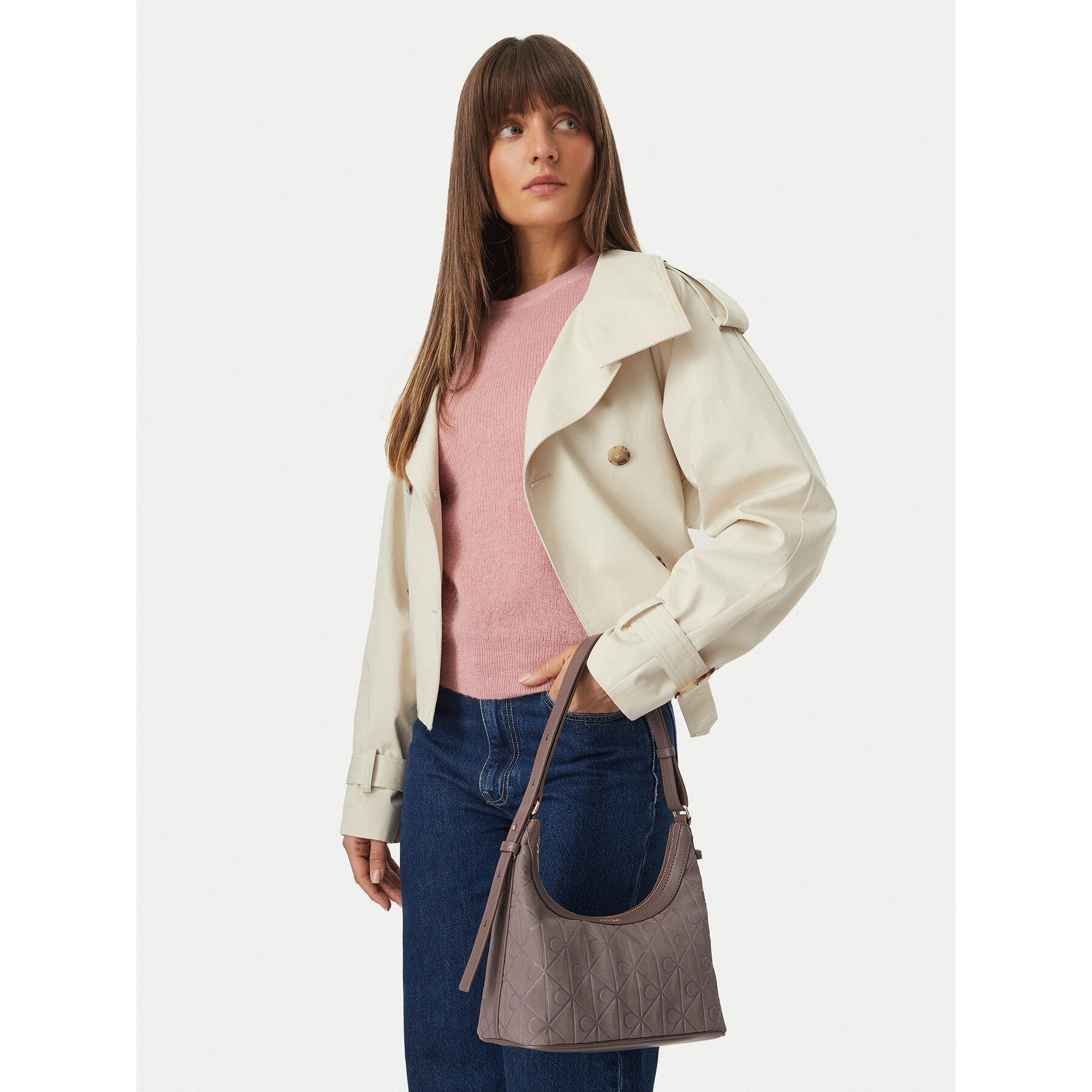 Τσάντα Calvin Klein Emblem Aop Sueded Shoulder Bag LV04F3880G Μπεζ