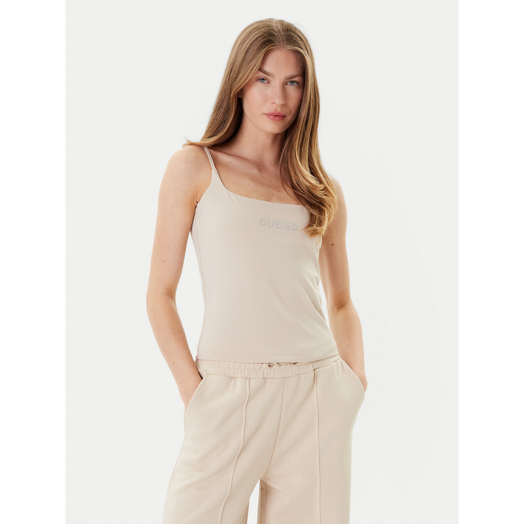 Guess Τοπ V5GP22 J1314 Μπεζ Slim Fit