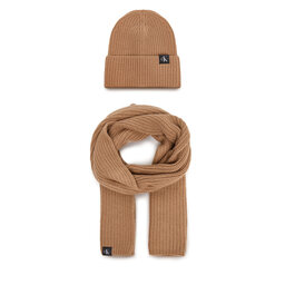 Calvin Klein Jeans Sada čepice a šál Calvin Klein Jeans Monogram Rib Scarf Beanie Set IU0IU00638 Hnědá