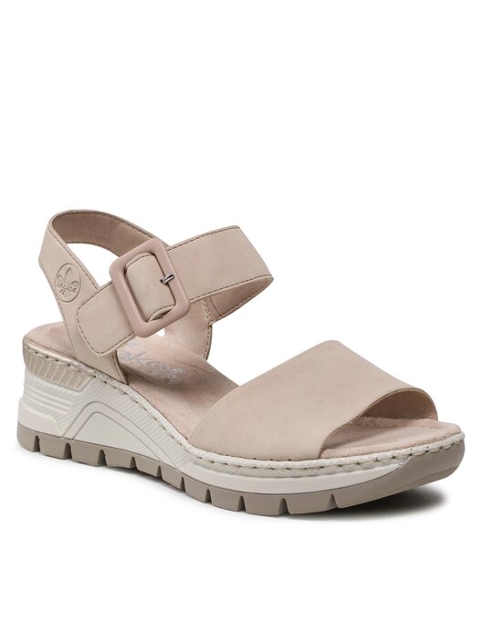 Sandales Compensées Femme Rieker 66466 - Champagne, Talon 5,6 Cm, Synthétique, Fermeture Velcro - Confort Anti-stress