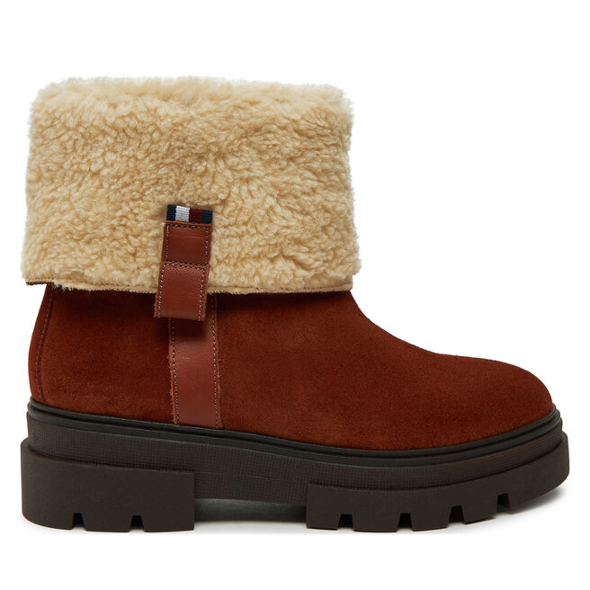 Botki Tommy Hilfiger Faux Fur Suede Roll-Down Boot - Brązowy