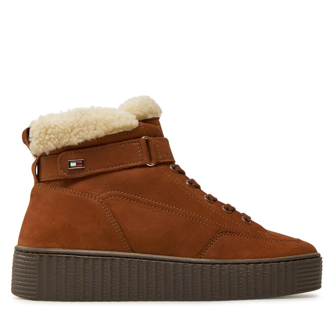 Botki Tommy Hilfiger Faux Fur Nubuck Low Lace-Up - Brązowy