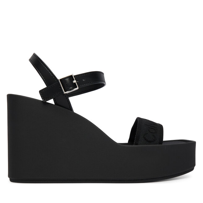 Sandały Calvin Klein Wedge 70 Sndl Webbing Lth HW0HW02882 Czarny - kobiece
