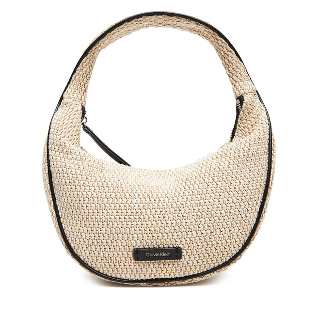 Torebka Calvin Klein Pinched Raffia Medium Shoulder B - Beżowy