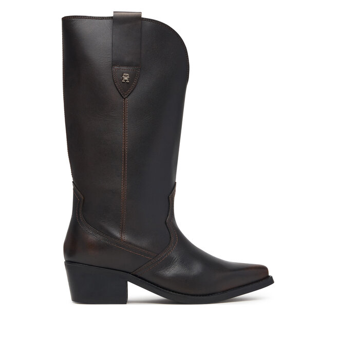 Kozaki Tommy Hilfiger Leather Mid Calf Western Boot FW0FW09798 Brązowy ciemny