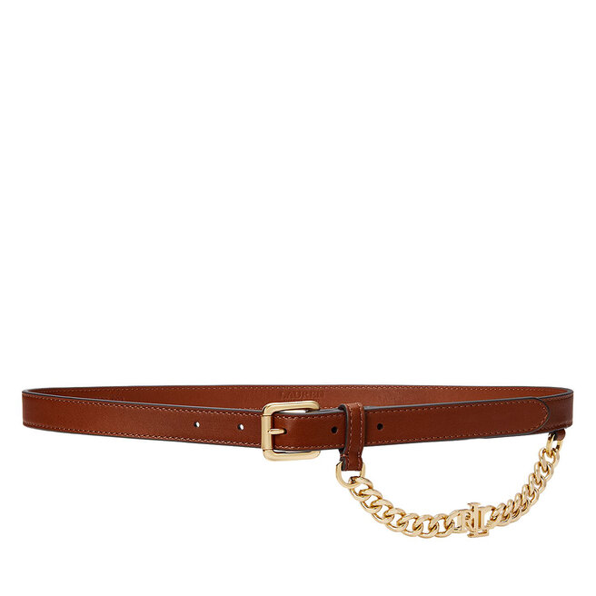 Pasek Damski LAUREN RALPH LAUREN Logo-Chain Leather Skinny Belt - Brązowy