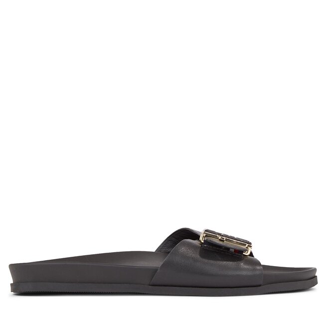 Klapki Tommy Hilfiger Th Hardware Leather Flat Sandal - Czarny