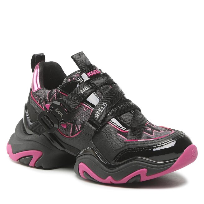 Sneakers KARL LAGERFELD KL62321 Black Lthr & Text W/Pink Black imagine noua
