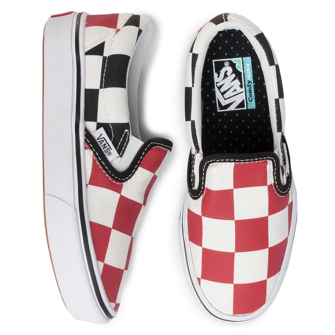 Vans red black online checkered slip ons