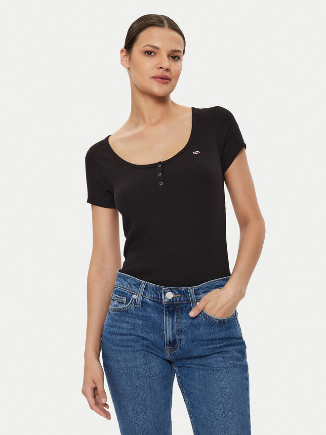 Tommy Jeans Tommy Jeans T-Shirt Henley DW0DW18669 Schwarz Slim Fit